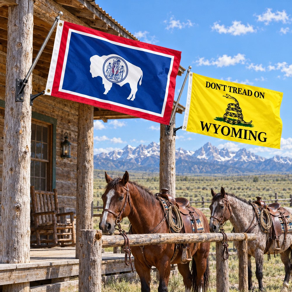 Wyoming State Flag and Don't Tread on Wyoming Flag 3x5 2-Pack displayed outdoors