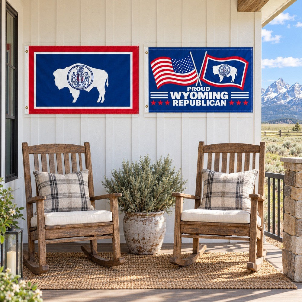 Wyoming State Flag and Proud Wyoming Republican Flag 3x5 2-Pack displayed outdoors
