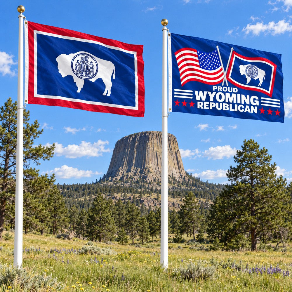 Wyoming State Flag and Proud Wyoming Republican Flag 3x5 2-Pack displayed outdoors