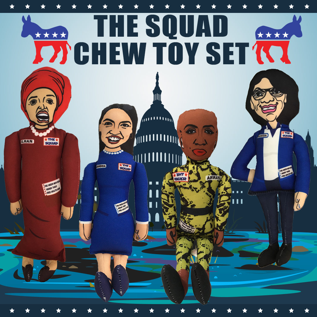 The Squad Includes AOC IIlhan Rashida & Ayanna Pressley Tough Plush Dog Chew Toys with Squeakers - Official Republican Dogs
